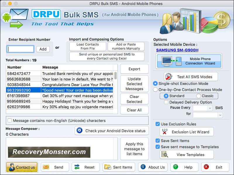 Screenshot of Android Mobile Bulk SMS Mac