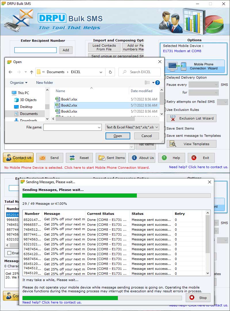 Screenshot of SMS Messages Broadcasting Software